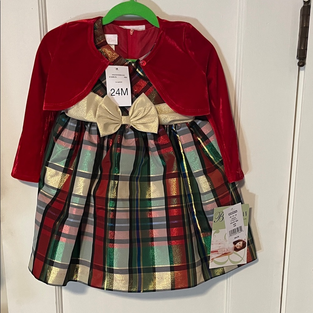 Bonnie Baby Red and Gold Plaid Dress with Bow